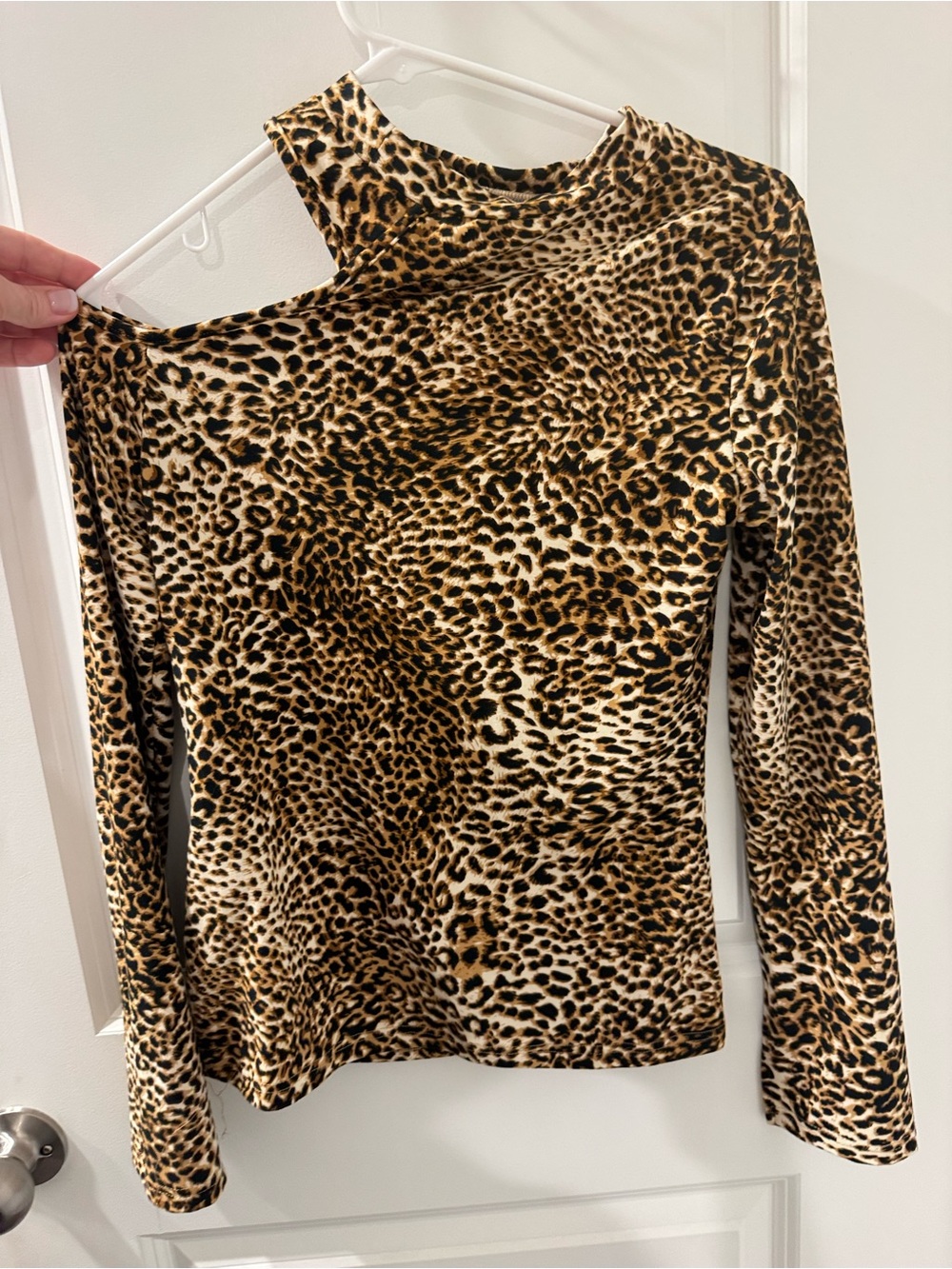 Asymmetric One-Shoulder Leopard Print Long Sleeve Top - Brown/Black